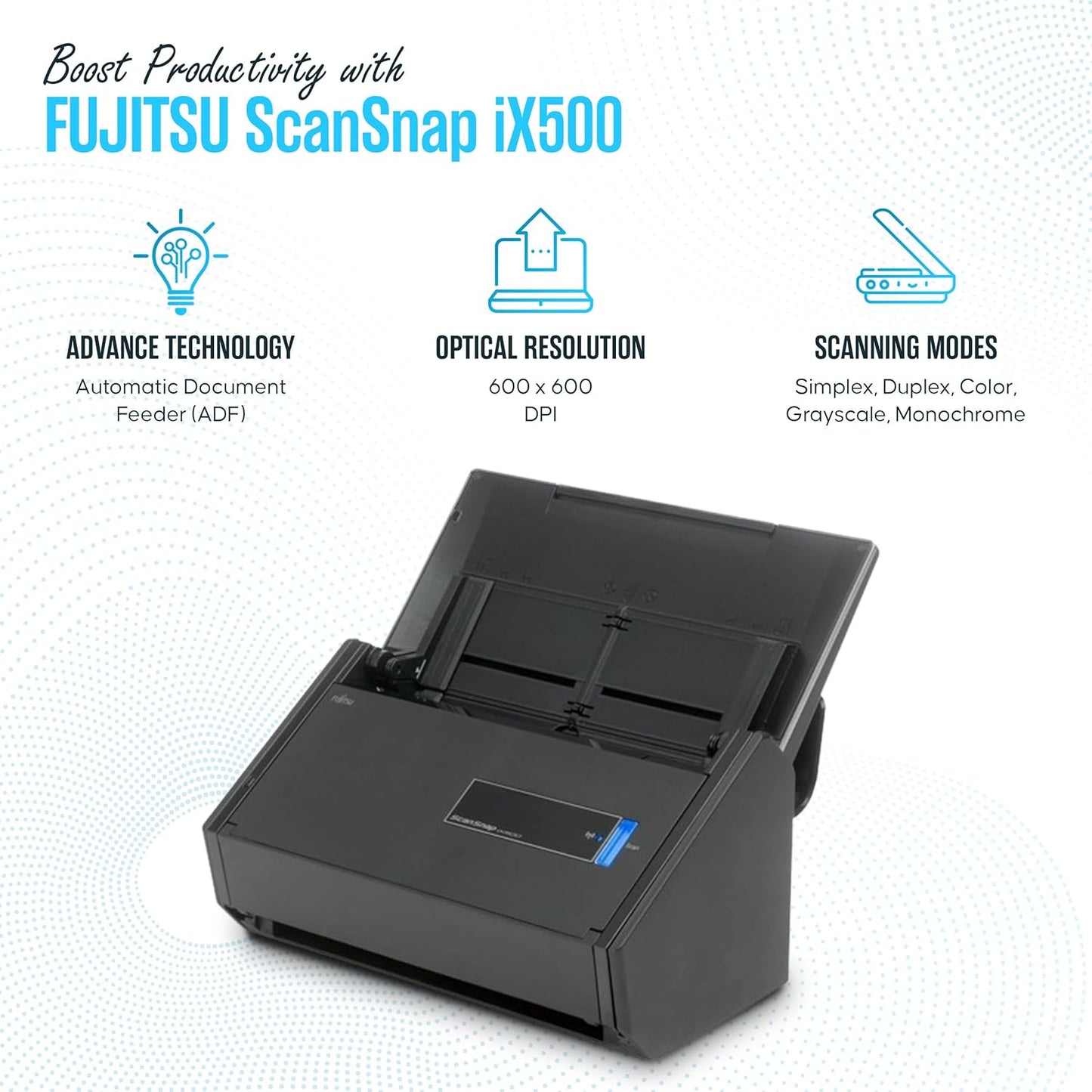 IX500 Fujitsu Scansnap Receipt Scanner for Mac & PC - USB High Speed Cloud Enabled Document, Photo Scanners - ADF with Duplex Scanning - Comes with 16v, USB 3.0 Cable (Renewed)