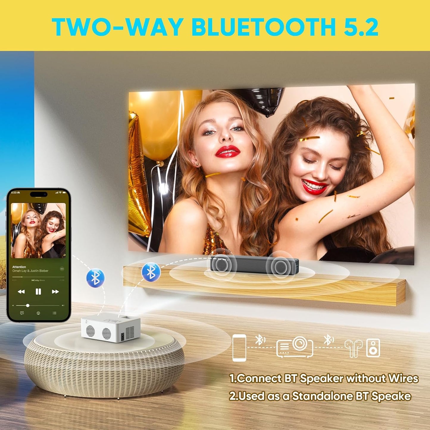 [2025 Built-in-Apps] PURSHE Smart Mini Projector with WIFI and Bluetooth, Full HD 1080P 4K Supported Portable Outdoor Movie Projector with Zoom, Home Cinema for Game/Phone/HDMI Devices (APP Version)