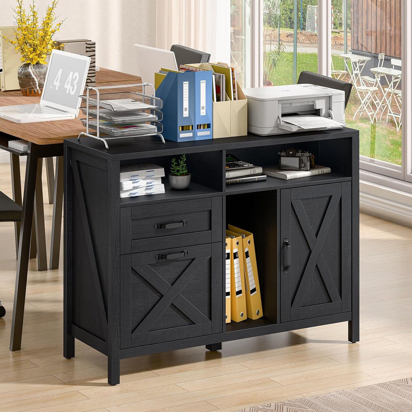 Lateral File Cabinet with 2 Drawers and Door, Farmhouse File Cabinet for A4/Letter Size Hanging Files, Large Wood File Storage Cabinets Printer Stand with Open Space for Home Office Furniture, Black