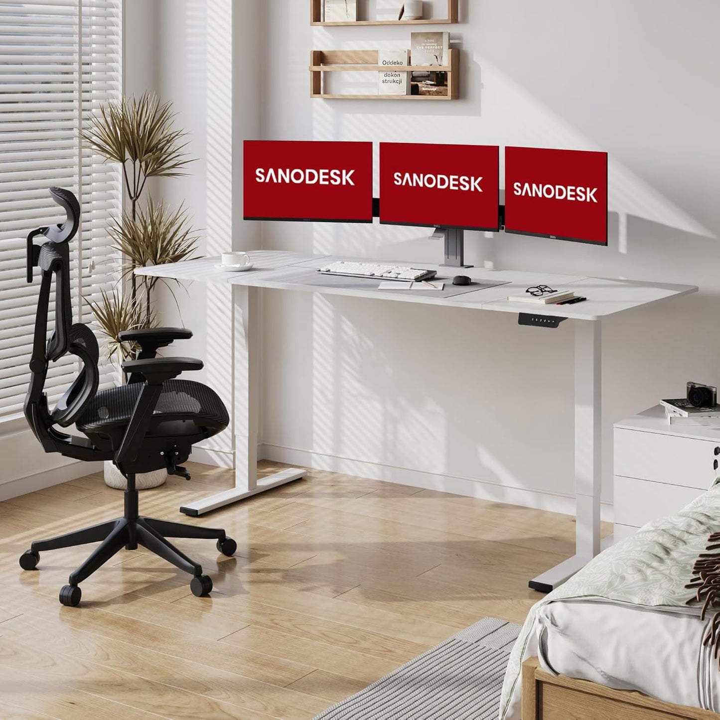 SANODESK Electric Standing Desk 79x32 Inch Height Adjustable Stand Up Desk Home Office Computer Workstation Sit Stand Home Office Desk with Splice Board (White Frame + White Top)