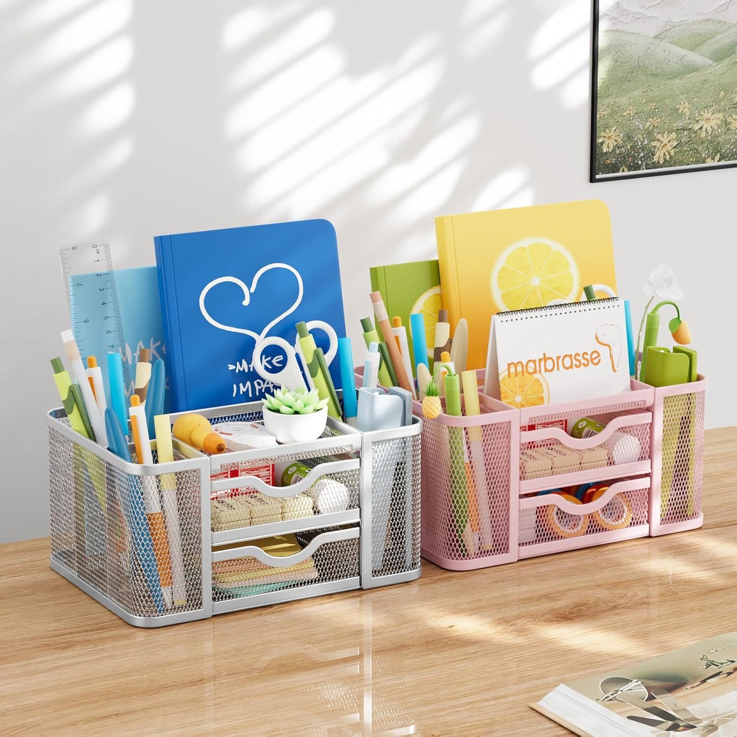 Marbrasse Mesh Desk Organizer, Pen Organizer with 2 Drawer, Multi-Functional Pencil Holder, Desk Organizers and Accessories with 5 Compartments + Drawer for Office Art Supplies (Silver)