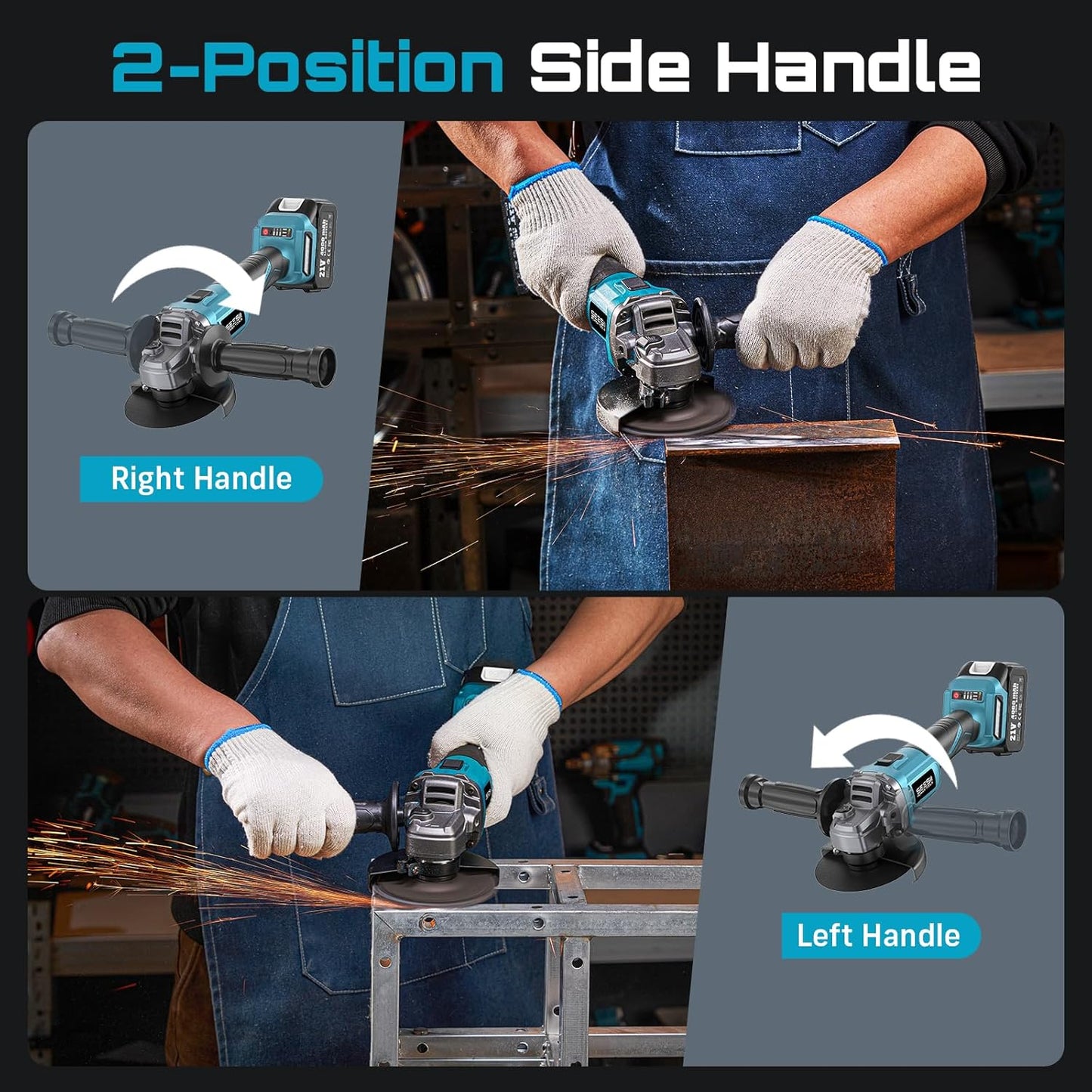 SEESII Cordless Angle Grinder 4-1/2 Inch, 21V Brushless Battery Grinder Tool with 2X 4.0Ah Batteries, 10000RPM for Metal Cutting, Grinding, Polishing, Rust Removal (Blue)