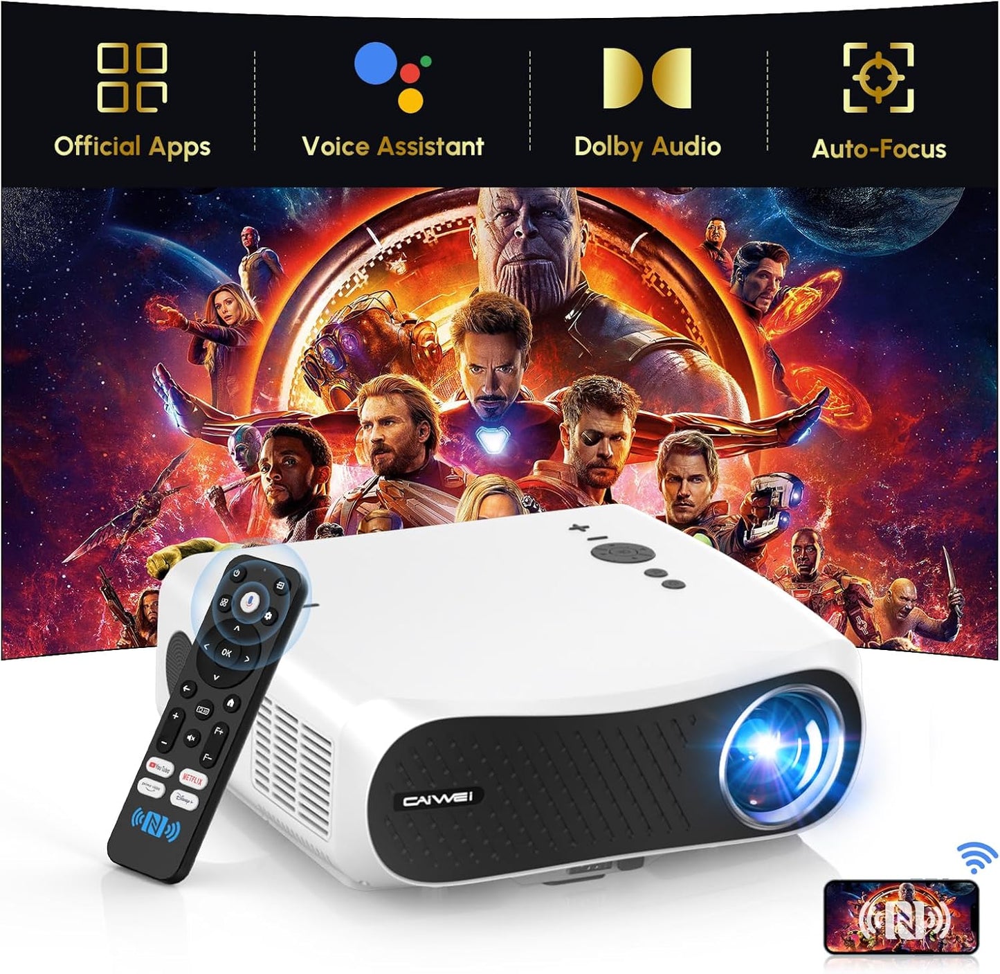 Smart Projector 4K Home Theater, 2025 Android TV Proyector with Netflix Licensed WiFi 6 Bluetooth 5.4 Dolby, Wireless LED Movie Gaming 4K Projectors Auto Focus HDR10+ HDMI ARC 1700ANSI Voice Control