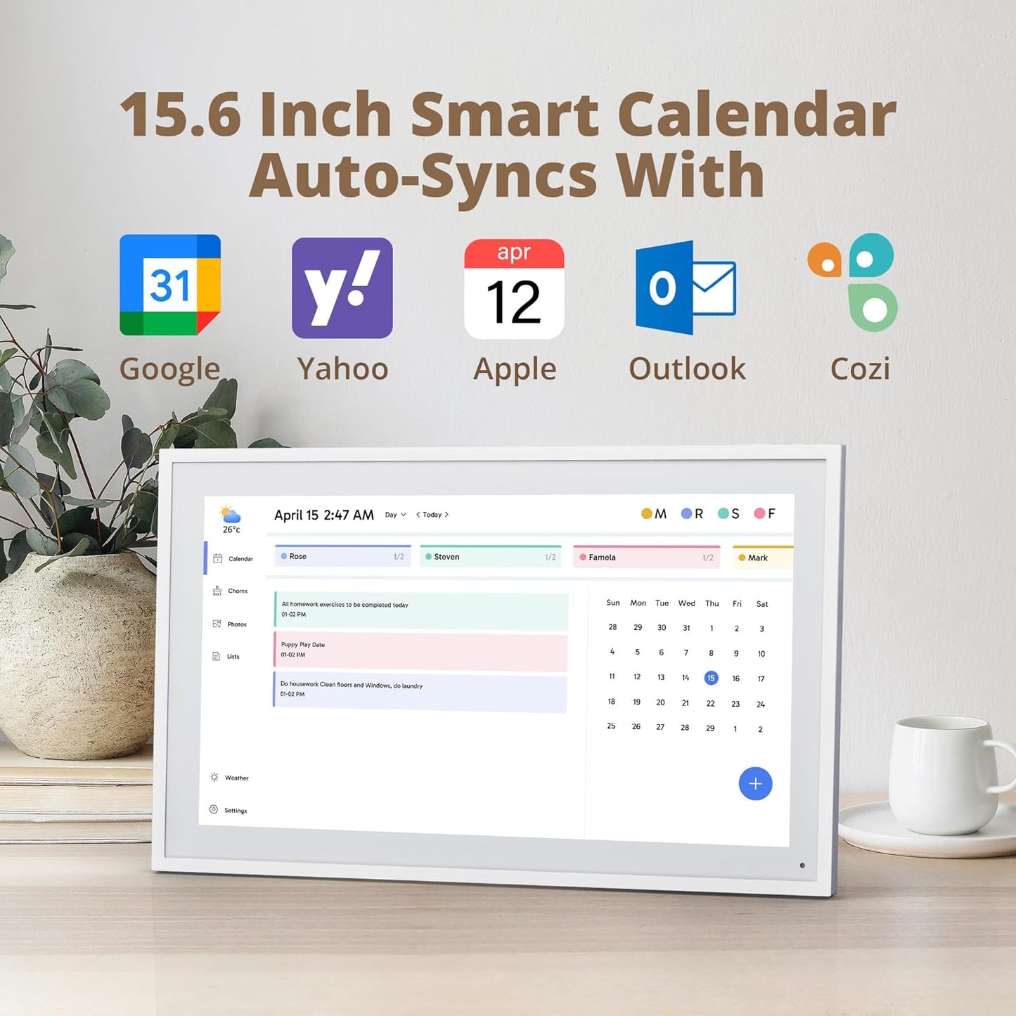 Digital Calendar 15.6" Chore Chart – 1080P Full HD Interactive Touchscreen, Smart Family Planner, Hearth Display Digital Wall & Desk Mountable for Seamless Scheduling
