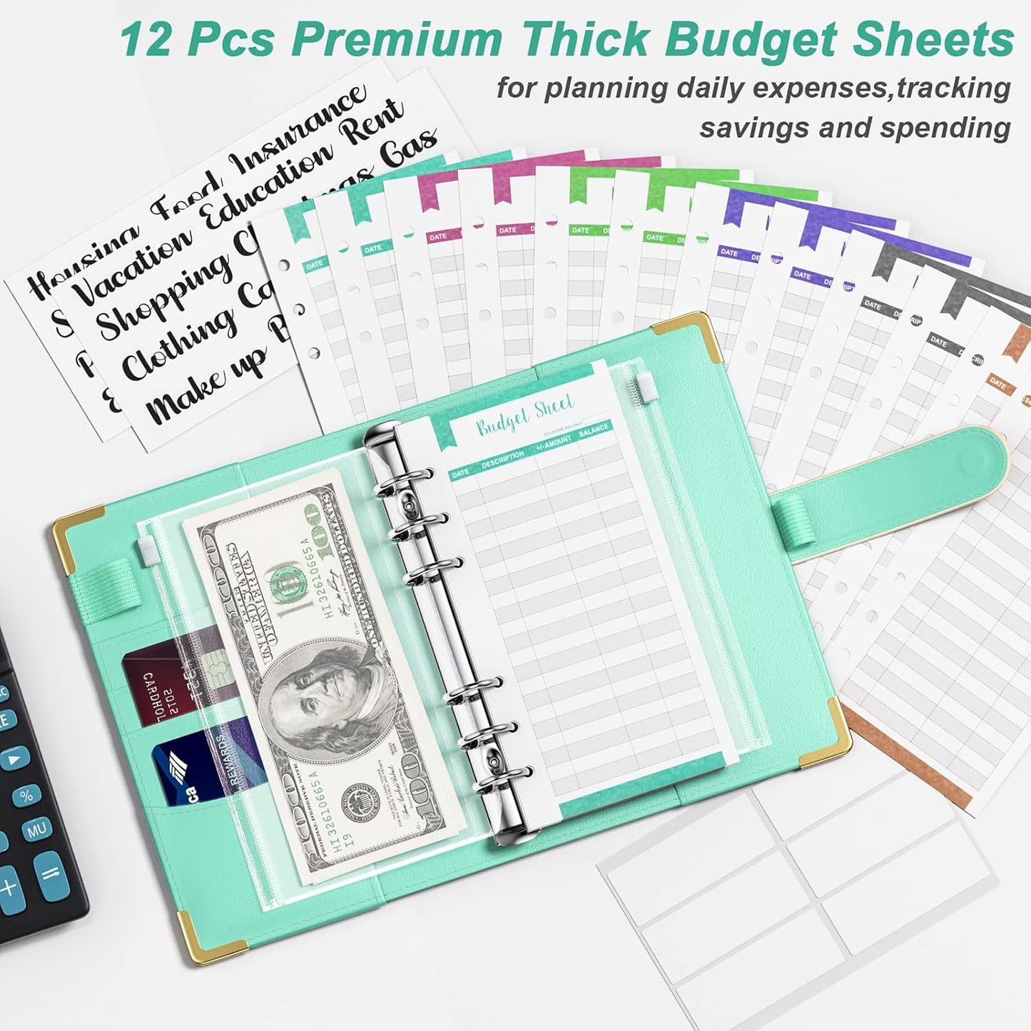 Rnivvi Budget Binder with Zipper Envelopes, A6 Money Saving Binder Cash Envelopes for Budgeting, PU Leather Planner Money Organizer for Cash Stuffing Planning, Cute System Wallet for Women Men, Beach