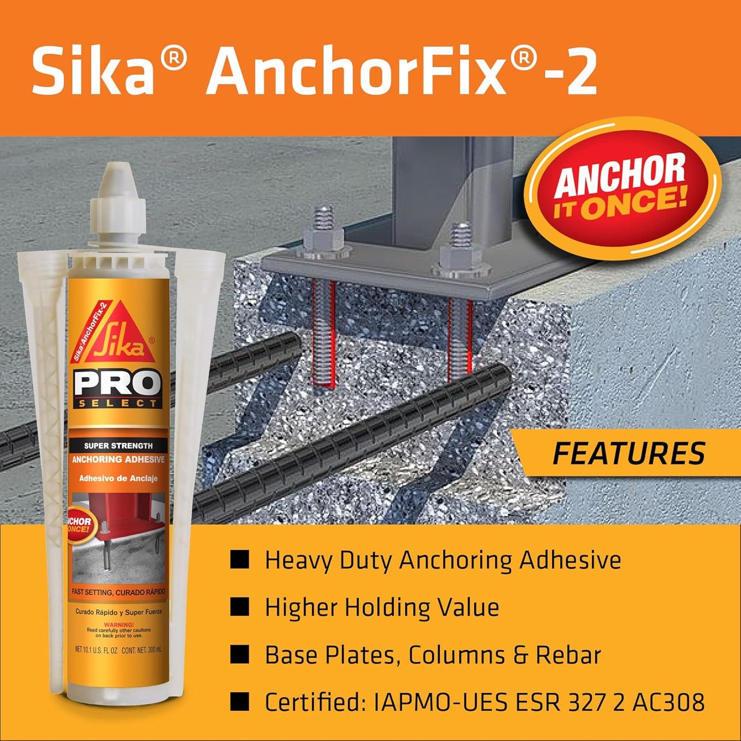 Sika Anchorfix-2 Super Strength Anchoring Adhesive (10.1 fl Oz) and Newborn 930-GTD Drip-Free Smooth Hex Rod Cradle Caulking Gun