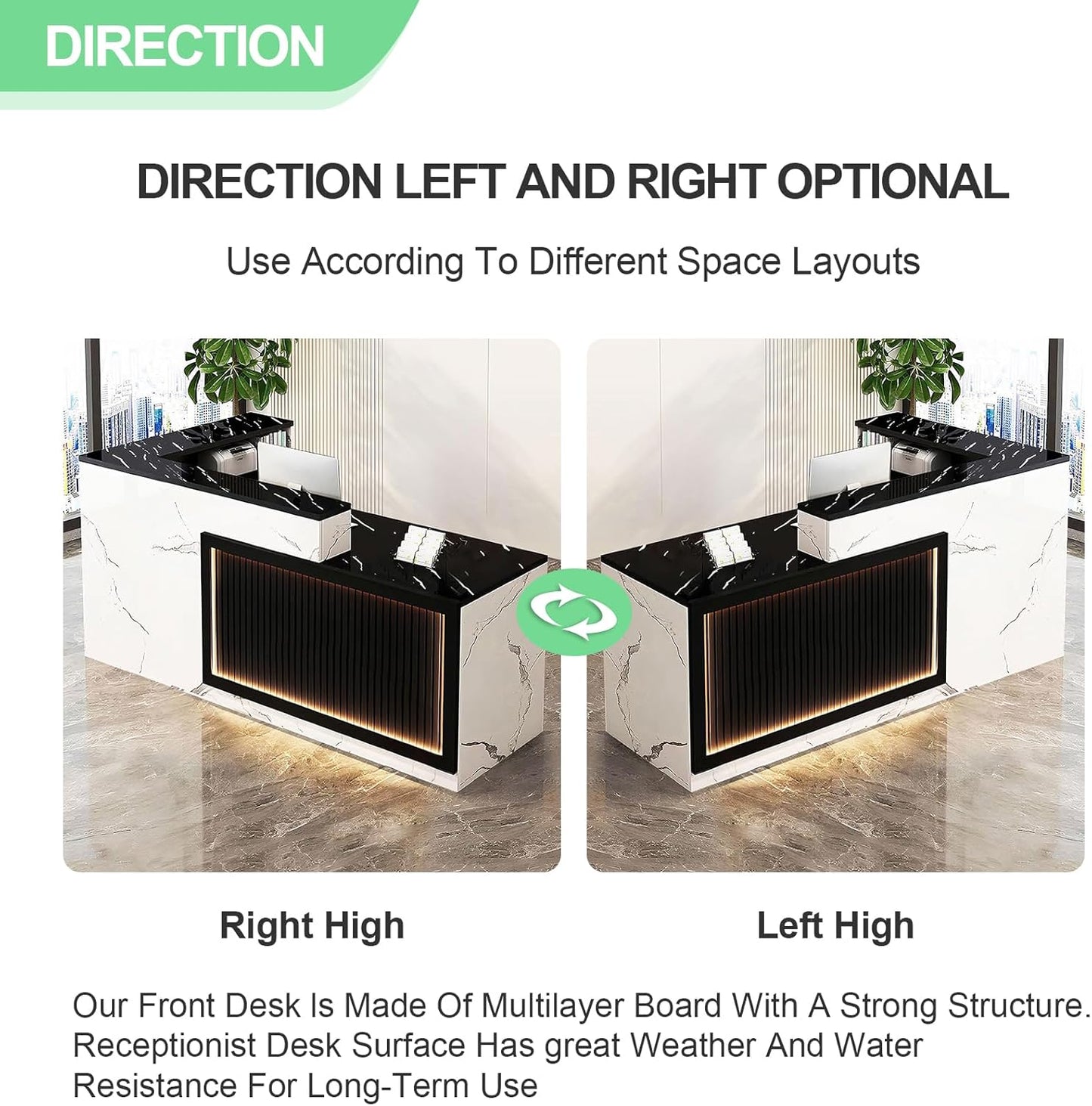 Modern Reception Desk with Counter and Drawer Office Front Desk with Cabinet Wooden Commercial Reception Table Checkout Counter for Retail Salon Lobby White and Black Right 71inch/180cm