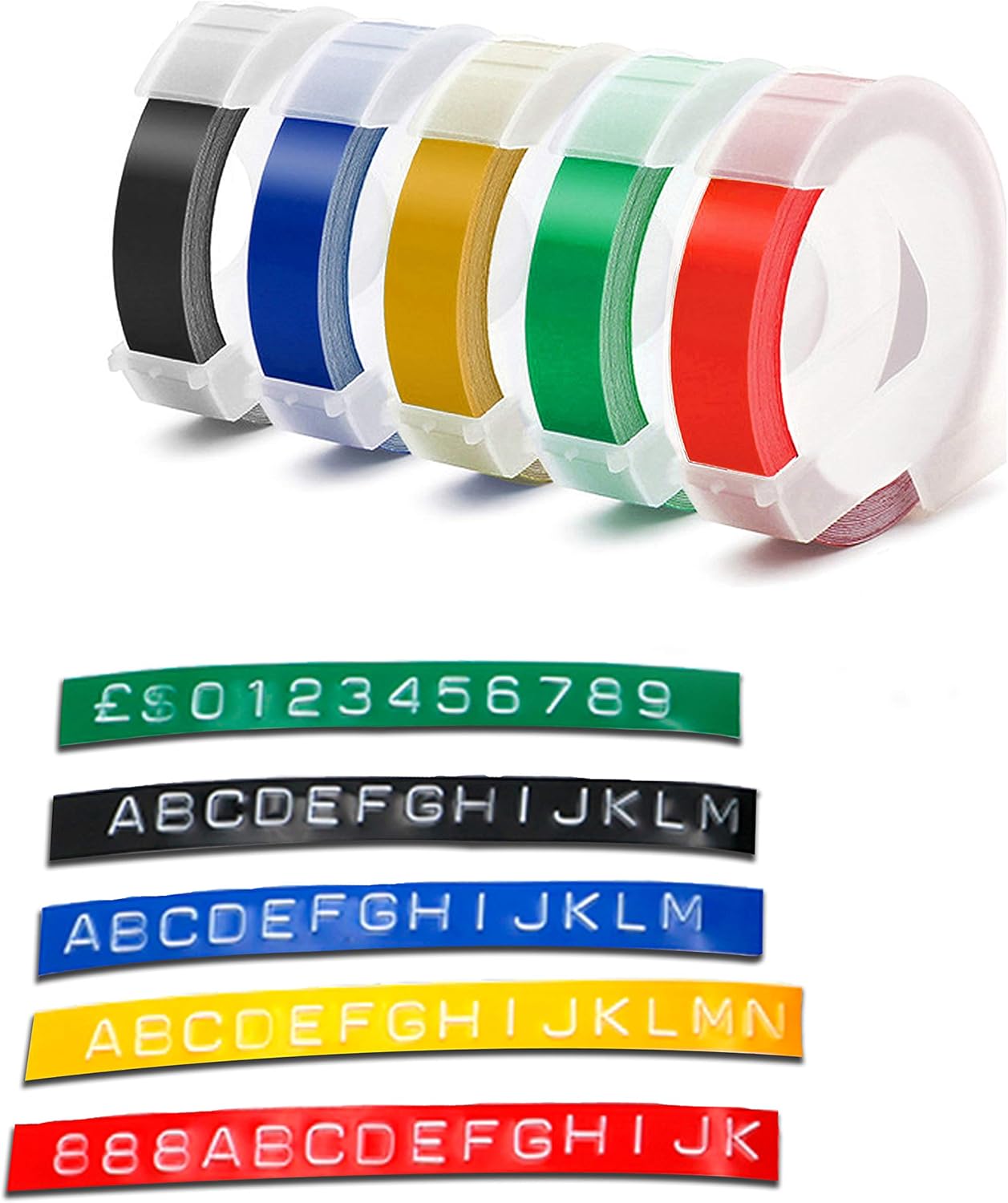 Embossing Label Tape Compatible with Dymo Label Maker,3/8 Inch 3D Plastic Labels Replacement for Dymo Organizer Xpress 12965 DYM 12966 Office Mate II (White on Black/Red/Blue/Yellow/Green)