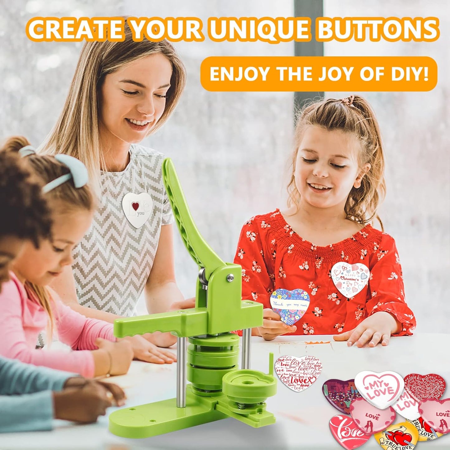 Heart Button Maker Machine Replaceable Badge-Model, DIY Button Pin Maker Kit, Badge Press Machine with 100PCS Heart Badge Making Supplies & Circle Cutter