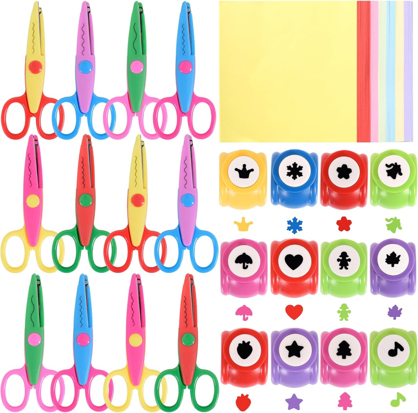 12 PCS Craft Scissors Decorative Edge, 12 PCS Small Hole Punch Shapes, 90 Sheets Colorful Origami, Kids Adults Craft Kit for DIY Crafts, Scrapbooking, Card Making, School Supplies