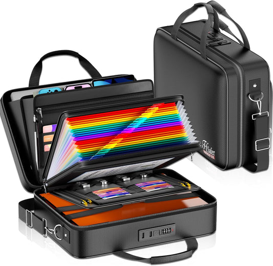 Fireproof Document Box with Lock, Hard-Shell Case File Organizer with 24 Pocket Accordion File Folder, Portable Safe Box with Shoulder Strap for Home Important Documents Laptop Black