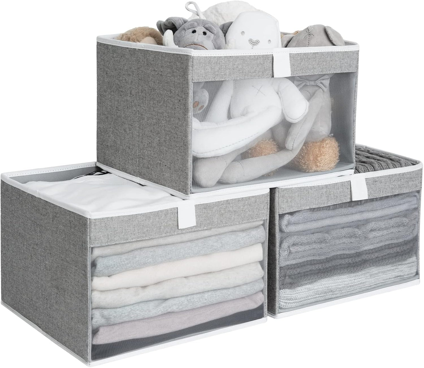 StorageWorks Closet Storage Bins, Large Storage Baskets with Clear Window and Handles, Foldable Fabric Organizer for Clothes, Shelves, Gray, 3 Pack