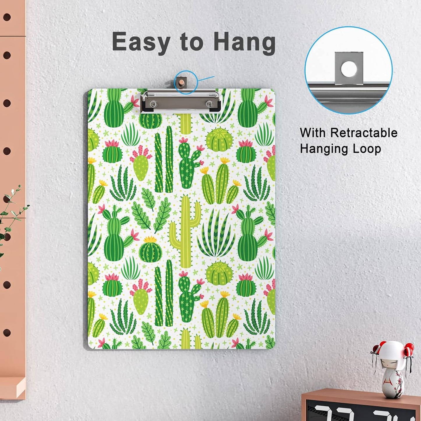 Clipboard Design Decorative Wood A4 Letter Size Clip Boards for Classroom Office, Standard Size 9" x 12.5" with Low Profile Metal Clip - Cactus