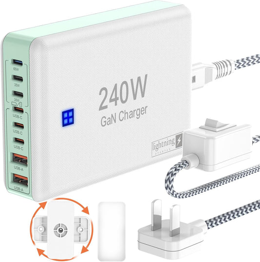240W Fast Chargers for Multiple Devices 8 Ports, 6 Type C + 2 USB A Charger Block, Charging Station with Slim Flat Plug, 65W Power Hub for Laptops, PD GaN Charger Tower for iPhone, Samsung