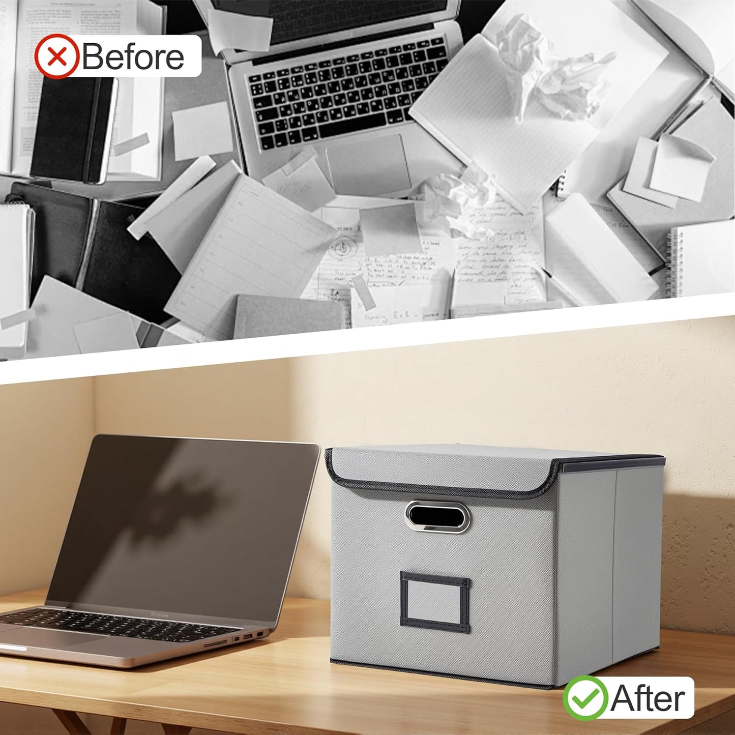 File Organizer Box, Linen Filing Organizer with Lid, Large Desktop File Boxes, Light Grey,1 Pack