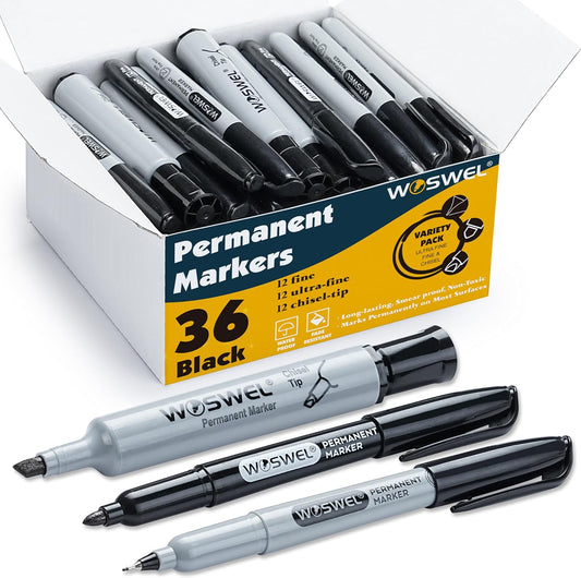 Permanent Markers 36 Variety Pack Bulk,Featuring Ultra-Fine,Chisel Tip,And Fine Tip Marker Set,Writing And Poster Black Markers,Works on Plastic,Wood,Stone,Metal and Glass for Doodling, Marking