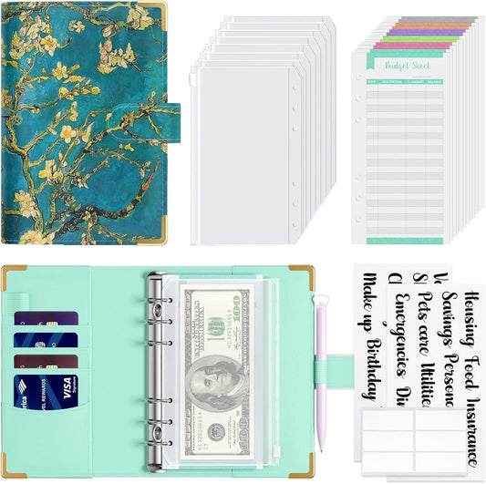 Rnivvi Budget Binder with Zipper Envelopes, A6 Money Saving Binder Cash Envelopes for Budgeting, PU Leather Planner Money Organizer for Cash Bills, Cute Floral System Wallet for Women, Blue Flower