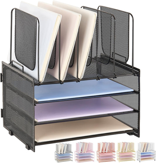 Desk Organizers and Accessories, 3-Tier Paper Organizer with 5 Vertical File Holders, File Folder Organizer (Black, 3T)