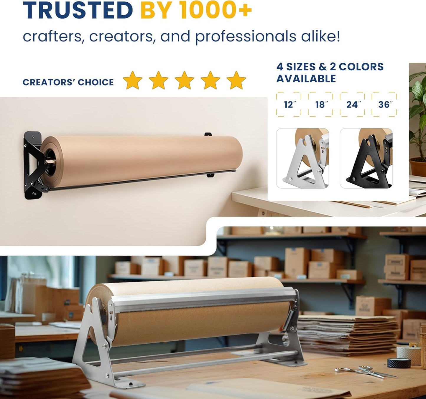 DIY Crew 36 Inch Paper Roll Dispenser and Cutter - Heavy-Duty Wall Mountable, Non Slip Tabletop - Kraft, Freezer, Butcher Paper - Up to 1000ft Rolls
