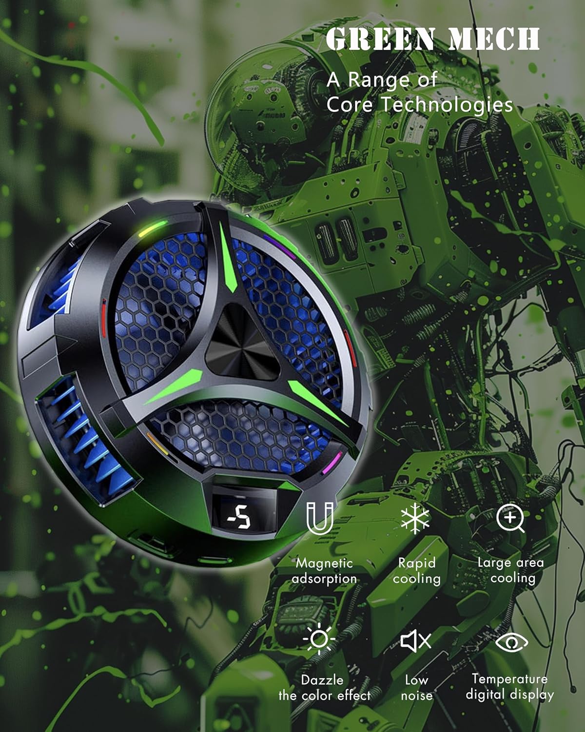 Magnetic Cooler for iPad,Tablet Cooler for ipad/Surface pro/Samsung Tab,Universal Radiator with Temperature Display for Mobile Gaming,Tiktok Live Streaming (Green Mech)