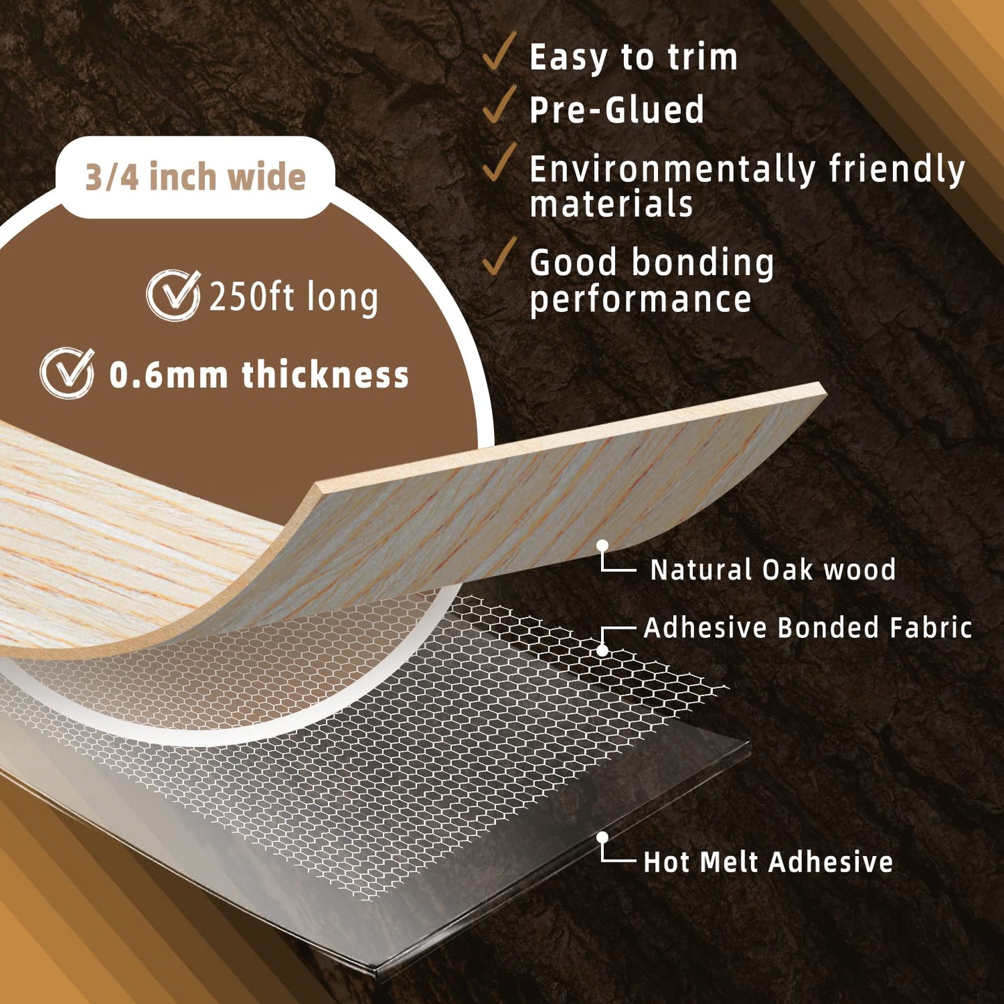 GSCIT Club Oak Edge Banding, 3/4 inch x 250ft roll of Veneer Plywood Edge Banding Preglued Flexible, Wood Tape Banding for Cabinet Repair