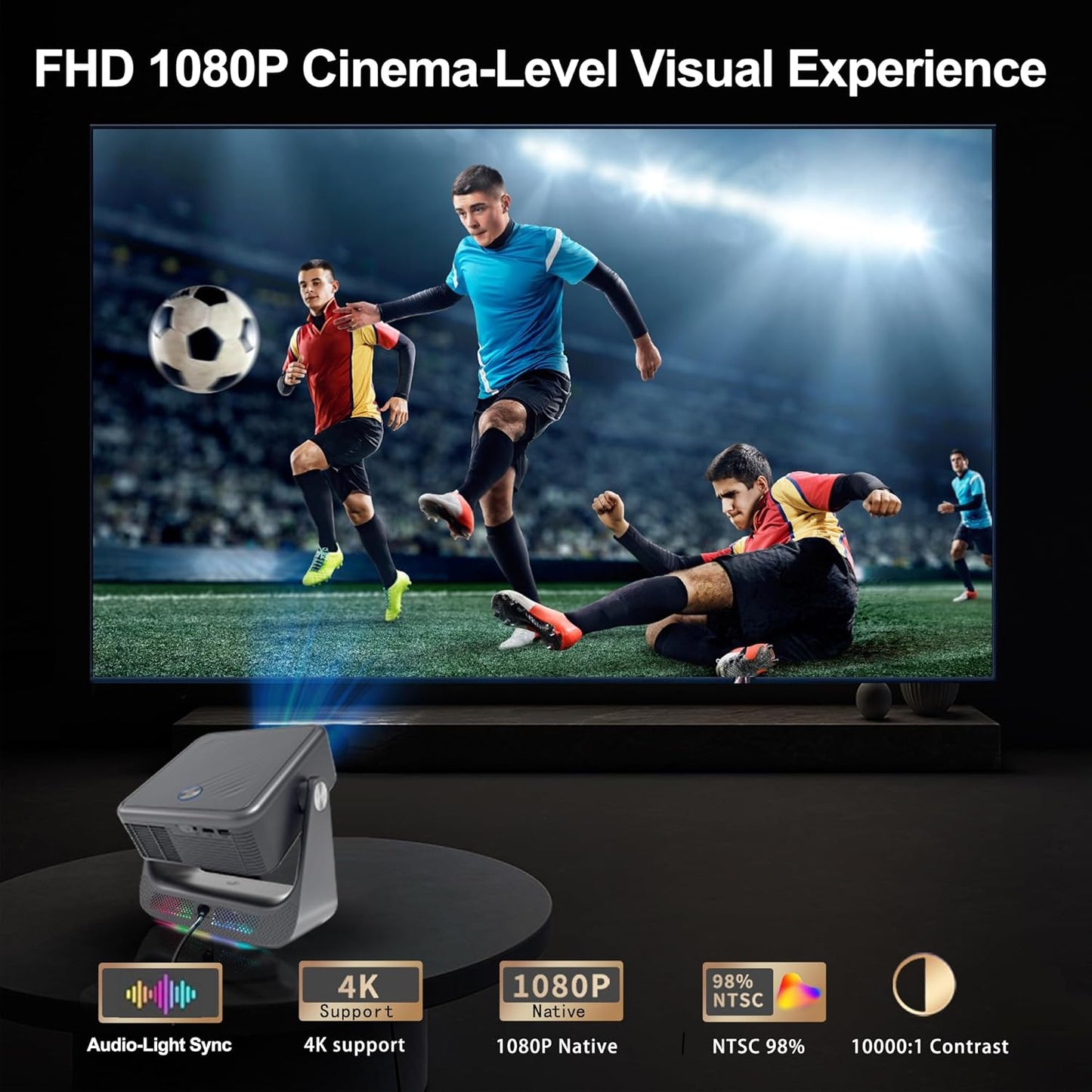 GTV Smart Projector with WiFi and Bluetooth,Outdoor Portable Projectors Mini Native 1080P with 800 ANSI, Voice Input, Auto Focus, Full HD Home Theater Movie Proyector iOS/Android/HDMI/USB