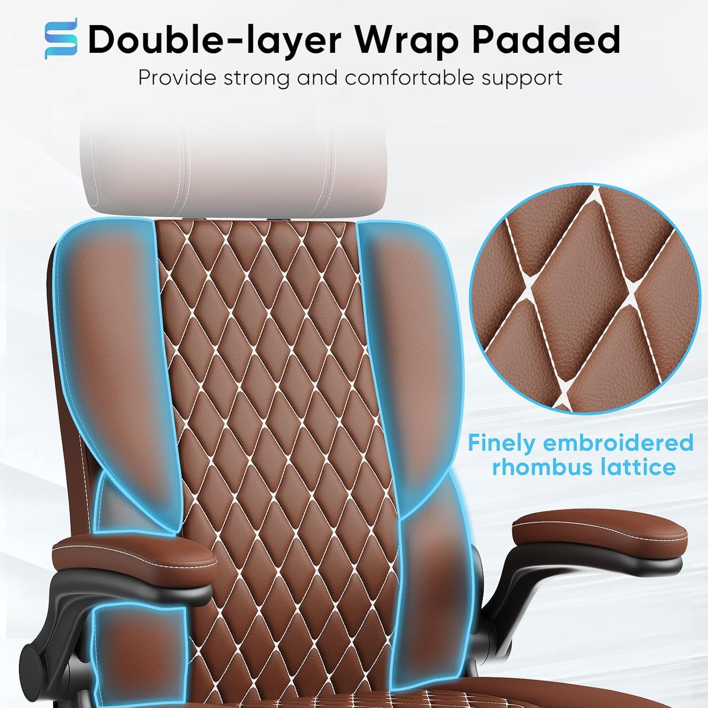 Sytas Executive Leather Office Chair, Comfy Desk Chair with Adjustable Headrest & Flip-up Padded Arms & Lumbar Support, Adjustable Hight and Tilt, Rolling Swivel, Brown