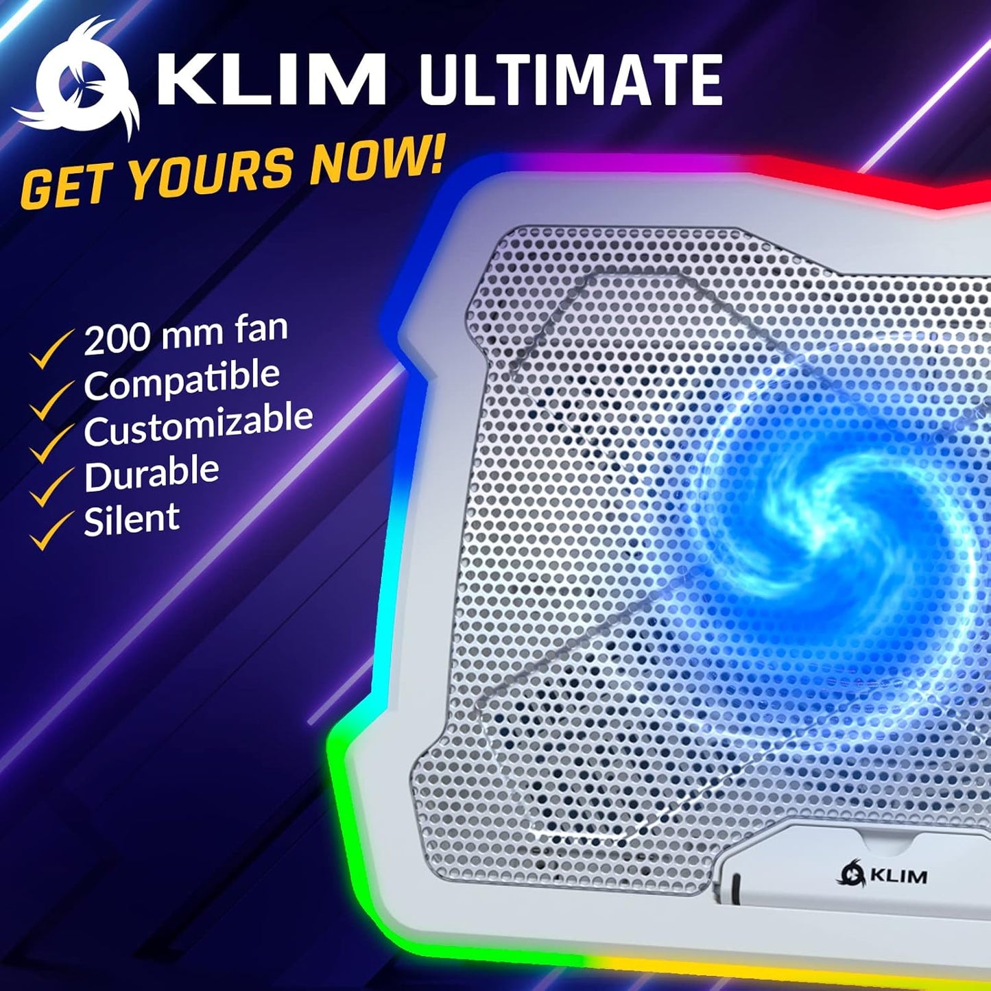 KLIM Ultimate + RGB Laptop Cooling Pad with LED Rim + New + Gaming Laptop Cooler + USB Powered Fan + Very Stable and Silent Laptop Stand + Compatible up to 17" + PC Mac PS5 PS4 Xbox One - White