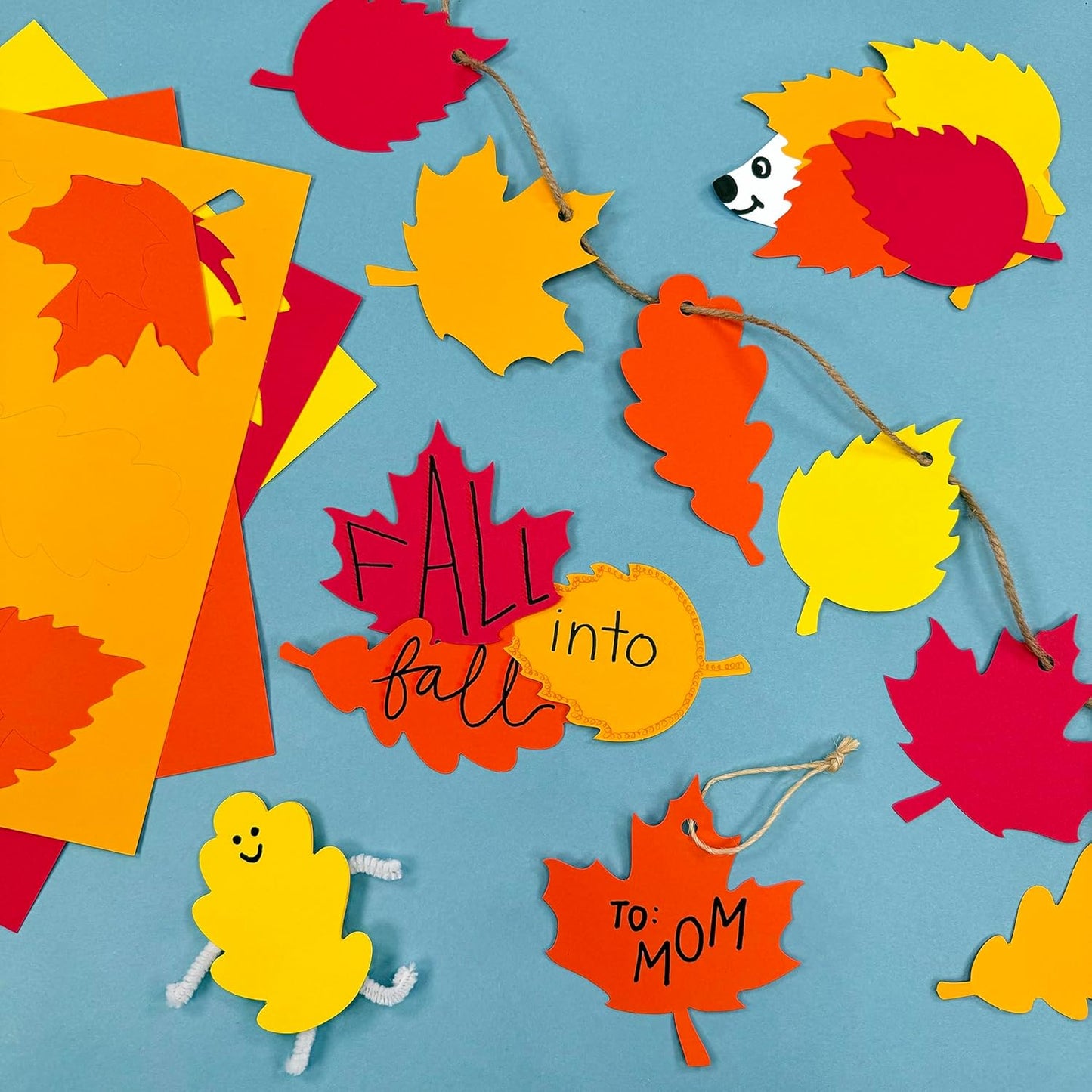 120 Pieces Fall Leaf Paper Cutouts with IDEA Guide, 2-Sided US Made Card Stock Punch Out Maple, Oak, and Birch Leaves for Bulletin Boards, Classroom Decor, Autumn Crafts, DIY Scrapbook, and Posters