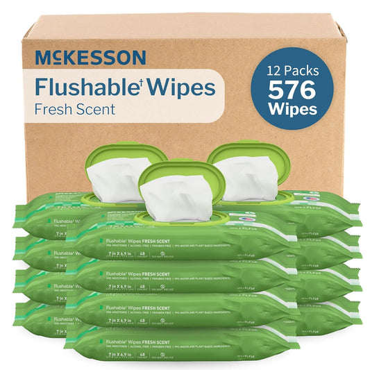 McKesson Flushable* Adult Wet Wipes – 576 Wipes (12 Pack of 48) – Aloe & Vitamin E, Plant-Based Cleansing Wipes, Scented