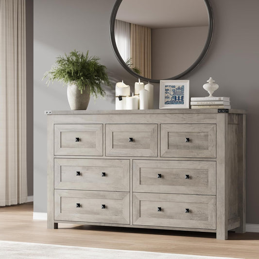 7-Drawer Dresser, Modern Wooden Storage Chest of Drawers, Dresser TV Stand, Wood Drawer Organizer with Metal Handles for Bedroom, Living Room, Hallway