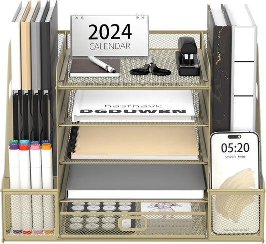SUPEASY Mesh Desk Organizer with File Holder, 5-Tier Paper Letter Tray Organizer with Magazine Holder, Desktop Organizer and Storage with Drawer for Office Supplies Home or School, Yellow