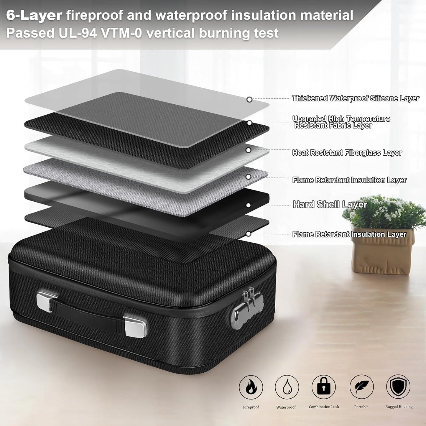 Fireproof Document Box, Hard Shell Fireproof Box, Document Organizer with Lock, Fireproof Water Resistant box, Portable Documents Safe Box for Important Document Certificates, Laptop, Passports, Black