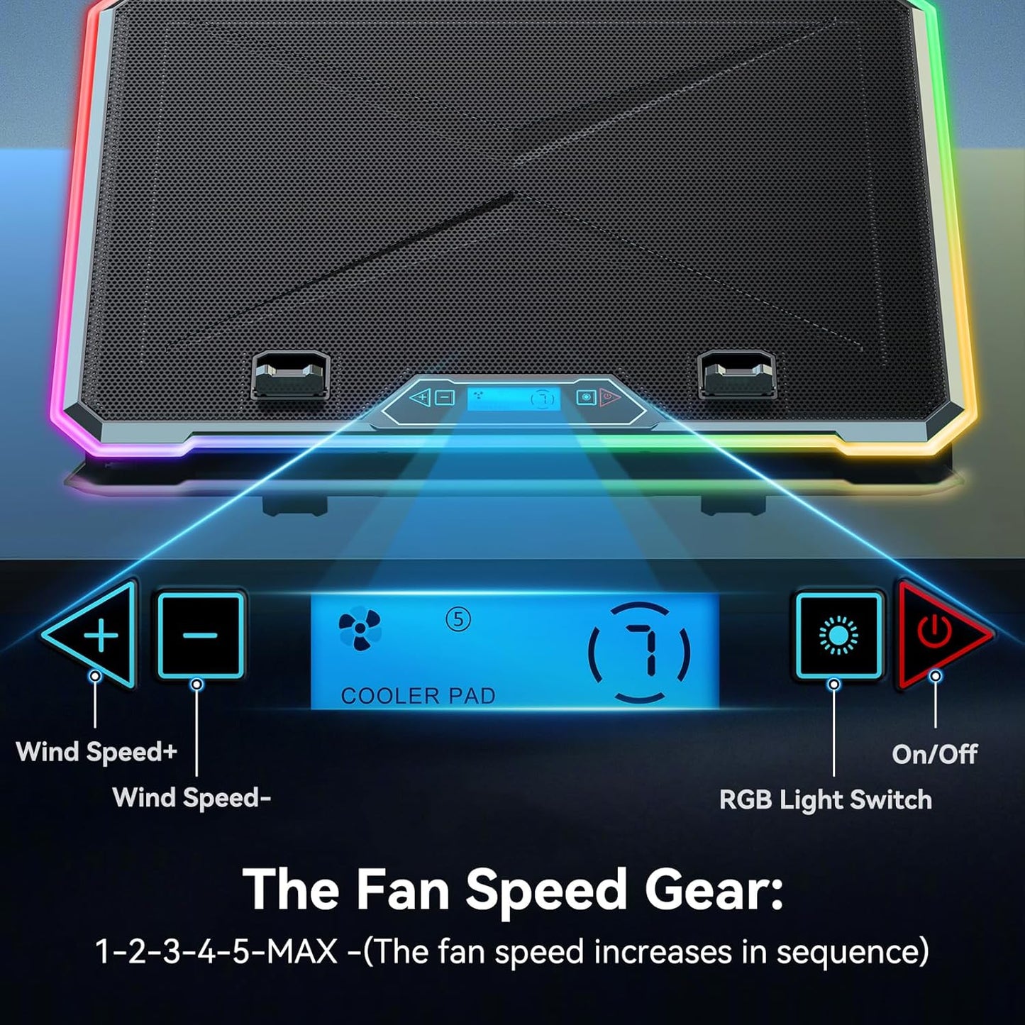 Gaming Laptop Cooler with 13 Ultra Quiet Fans, LCD Screen and Multi Color RGB - 10 Lighting Modes, 9 Adjustable Heights, Dual USB Ports, Built in Phone Holder for 15 to 21 Inch Laptops on Desk or Lap