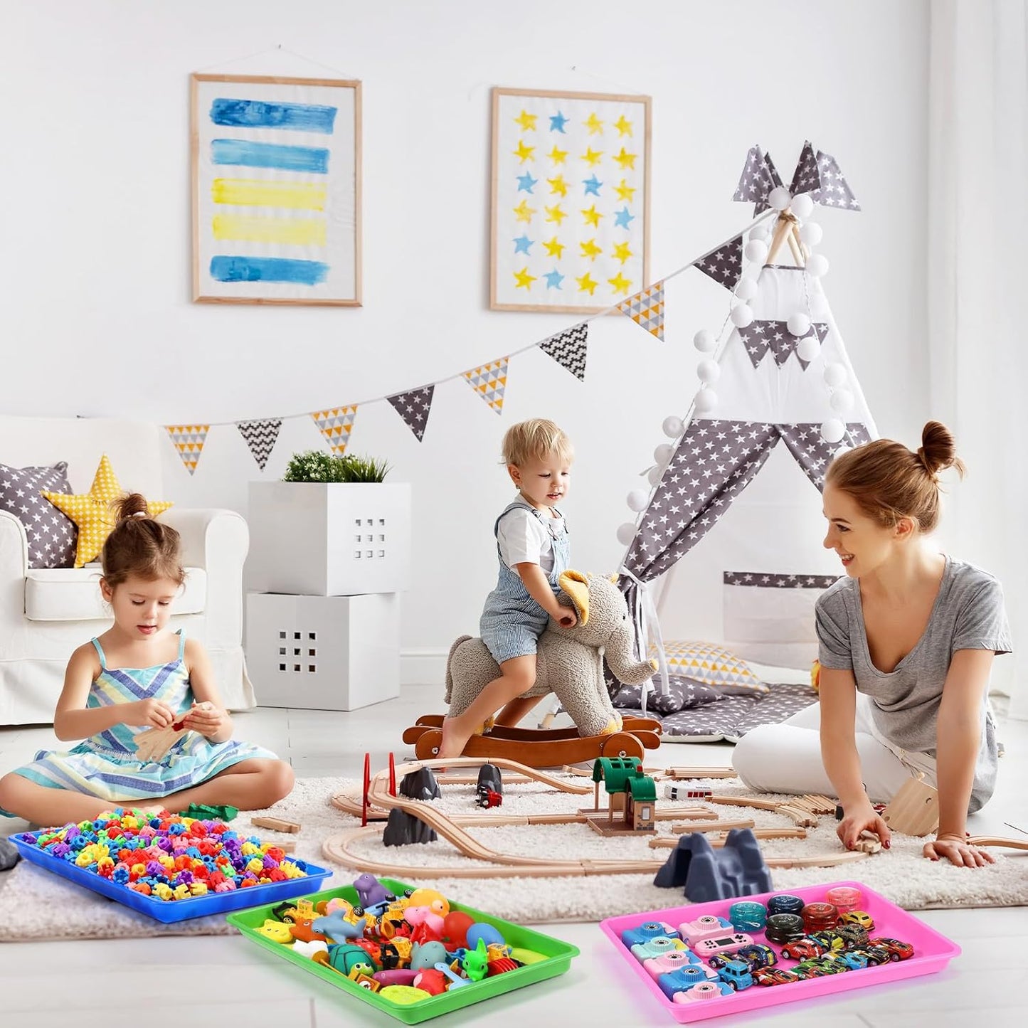 Maitys 15 Pcs Flat Plastic Trays 16.1 x 11.8'' Sensory Storage Paper Tray Stackable Classroom Bins for Office Home Organizer Crafts Supplies(Bright Color)