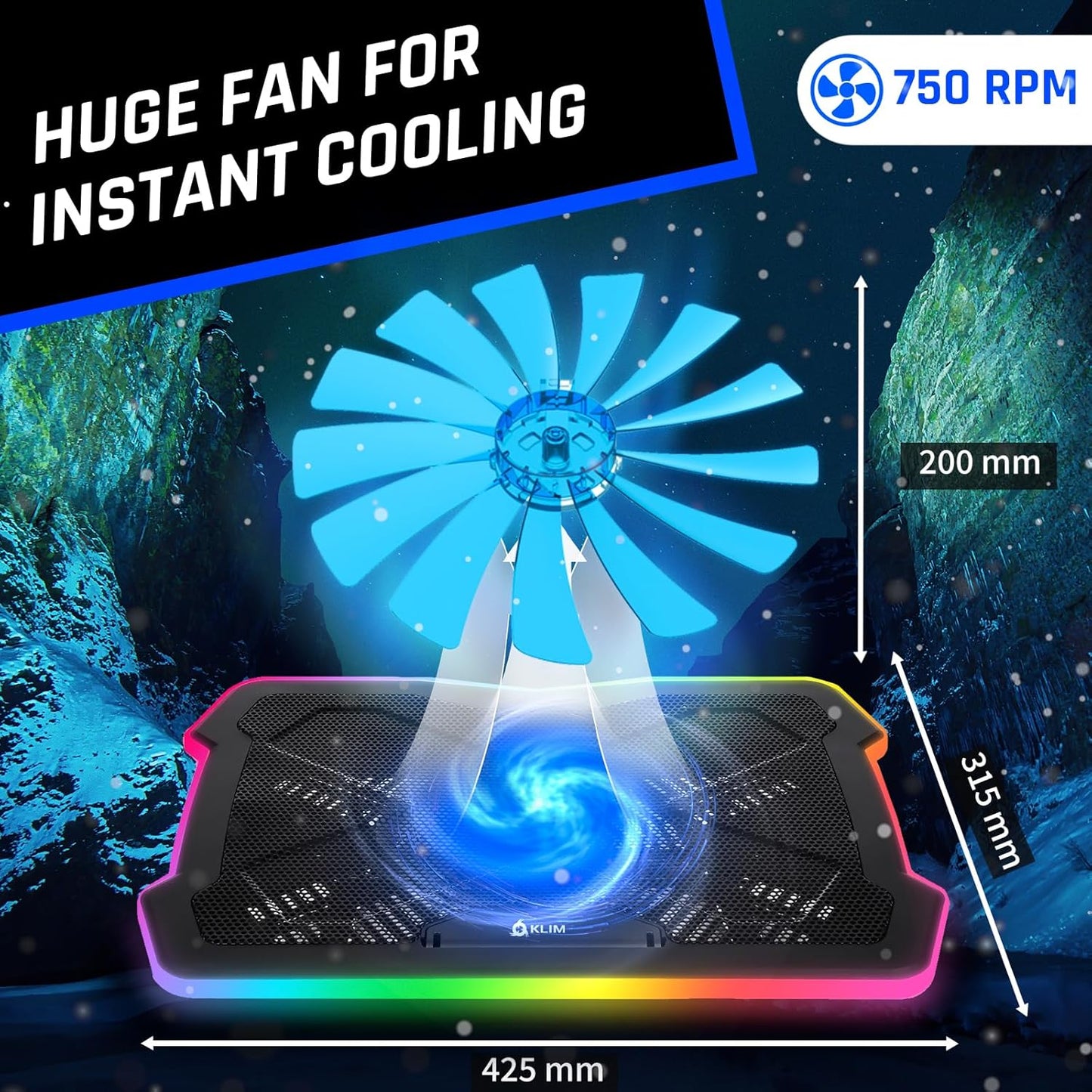 KLIM Ultimate - RGB Laptop Cooling Pad with LED Rim - New - Gaming Laptop Cooler - USB Powered Fan - Very Stable and Silent Laptop Stand - Compatible up to 17" - PC Mac PS5 PS4 Xbox One