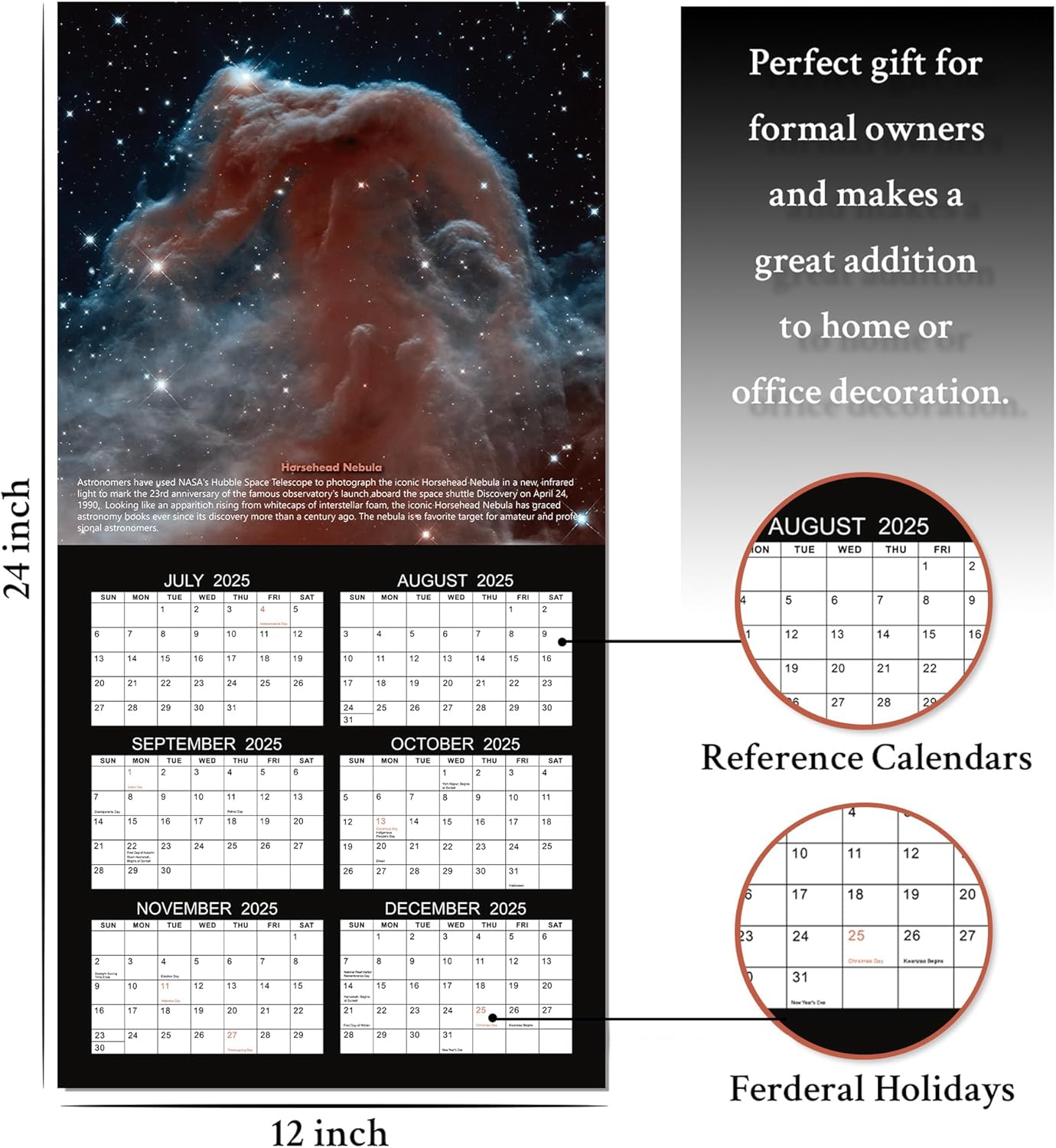 2026 Wall Calendar - Hubble Telescope Wall Calendar 2026, January 2026 - December 2026, 12" x 24" (Open), Hanging Hook, Blocks and Holidays - Stunning Hubble Discoveries