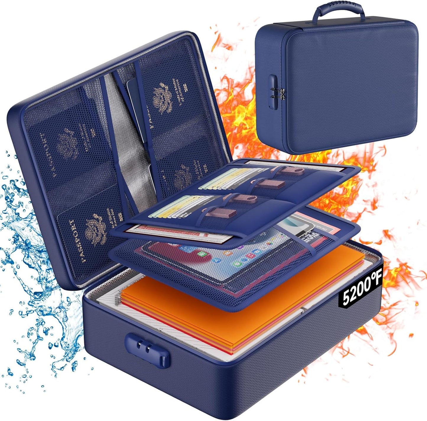 DocSafe 5200°F Document Organizer with Lock,Upgraded Heat Insulated Fireproof＆Waterproof Box 8 Layers File Organizer,Portable Home Travel Safe Storage for Important Documents, Files,Blue (Soft)