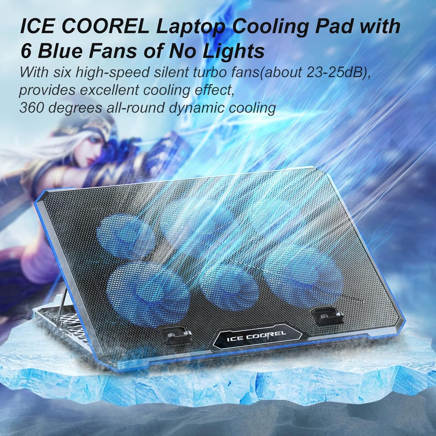 ICE COOREL Laptop Cooling Pad with 6 Cooling Fan, Laptop Cooler Fan with No Lights, Cooling pad for Laptop 15-17 Inches, Notebook Cooler Stand with 9 Height Adjustable, Cooler Pad for Lap or Desk Use