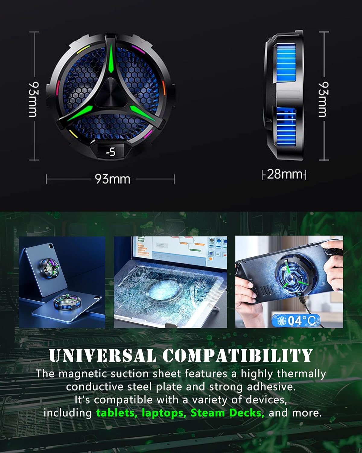 iPad Cooler,Magnetic Tablet Cooler for ipad/Surface pro/Samsung Tab,iPad Cooing Fan with Temperature Display for Mobile Gaming,Tiktok Live Streaming (Green Mech+3 pcs Magnetic Suction Sheet)