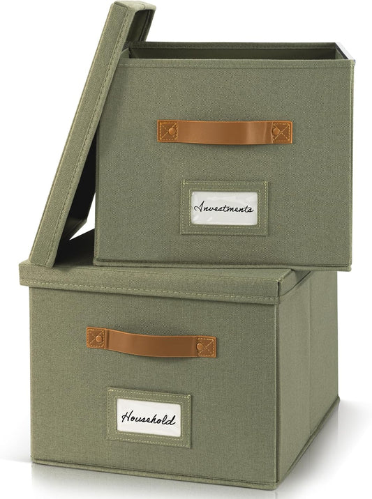 ZICOTO Decorative File Organizer Box Set of 2 - Collapsible Linen Filing Cabinets w/Handles Are Perfect to Store all Your Documents & Hanging File Folders - Portable Easy Slide Crates with Lid