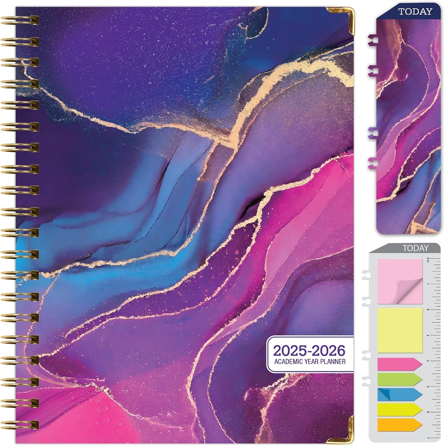 HARDCOVER Academic Year 2025-2026 Planner: (June 2025 Through July 2026) 8.5"x11" Daily Weekly Monthly Planner Yearly Agenda. Bookmark, Pocket Folder and Sticky Note Set (Pink Purple Marble)