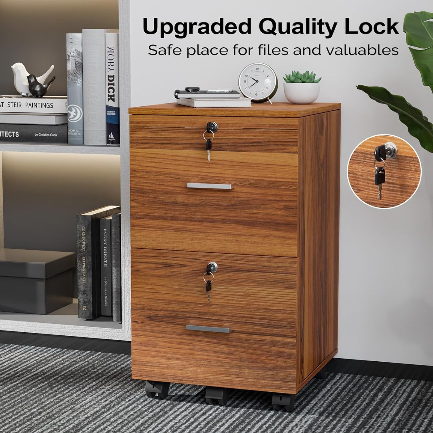 VINGLI 2-Drawer Rolling File Cabinet with Lock, Wood Mobile File Organization for Hanging Letter Size Filings Under Desk Filing Cabinets for Home Office, Assembly Required, Classic Walnut, 26.5" H