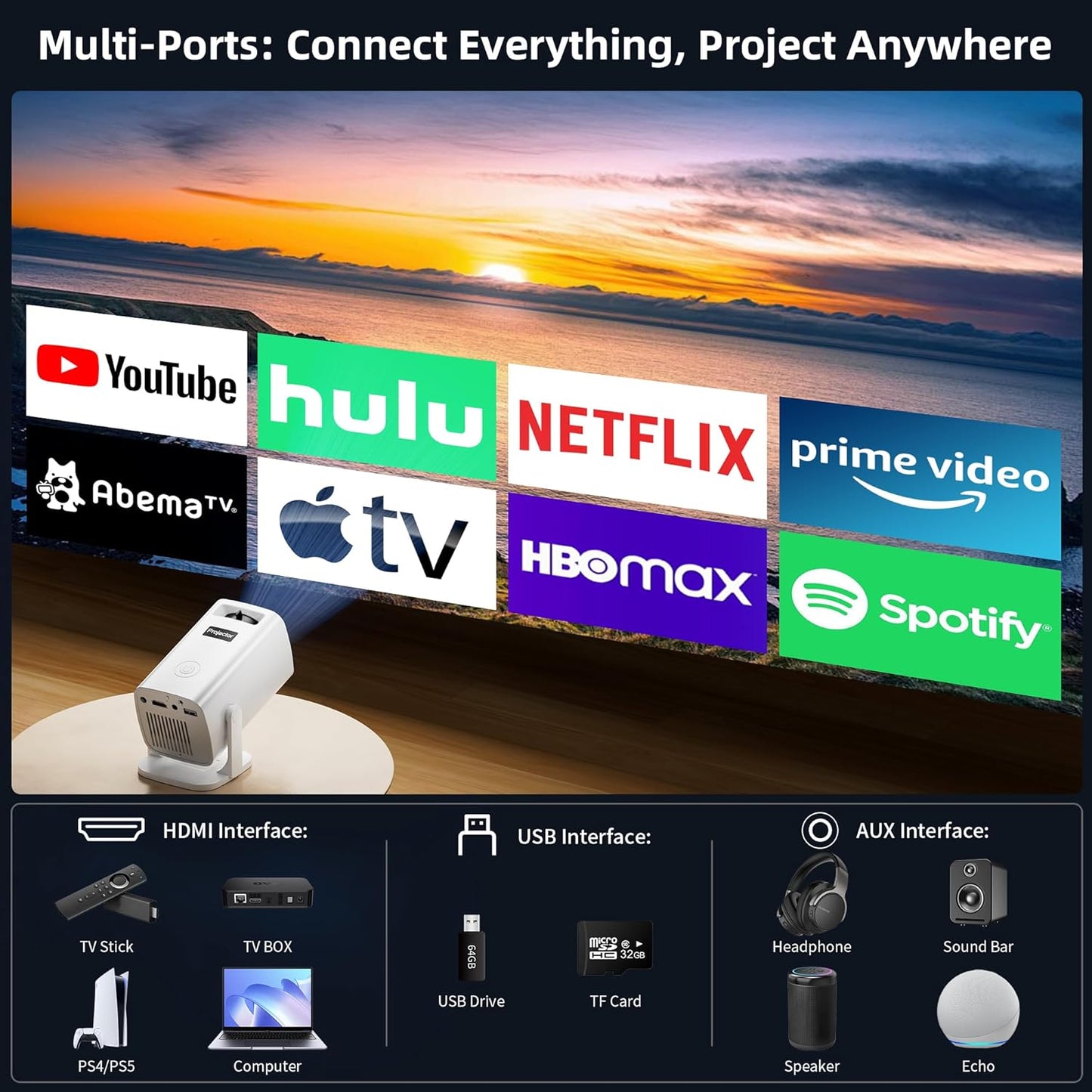 Mini Projector, Portable Projector 4K Support, Full HD 1080P Outdoor Projector, 270° Rotation Movie Projector, Compatible with Smartphone, TV Stick, Laptop, PS4, HDMI, USB (No WiFi or Bluetooth)