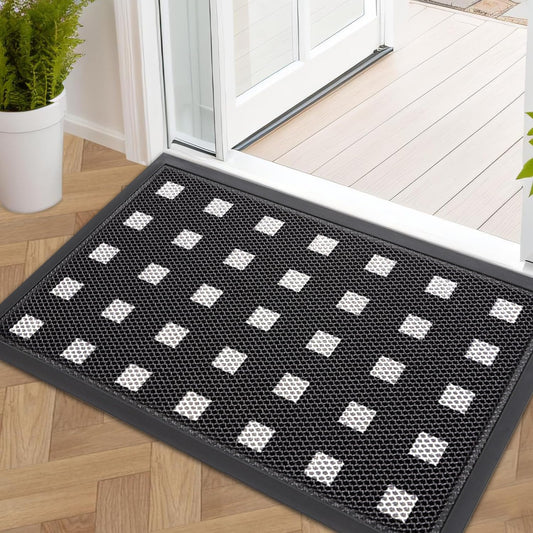 Front Door Mat Indoor Entrance 29.5"x17" for Apartments/Small Spaces, Heavy Duty Rubber Entryway Mats Backing Inside/Outside Dirt Trapping, All Weather Outdoor Rug Black and White