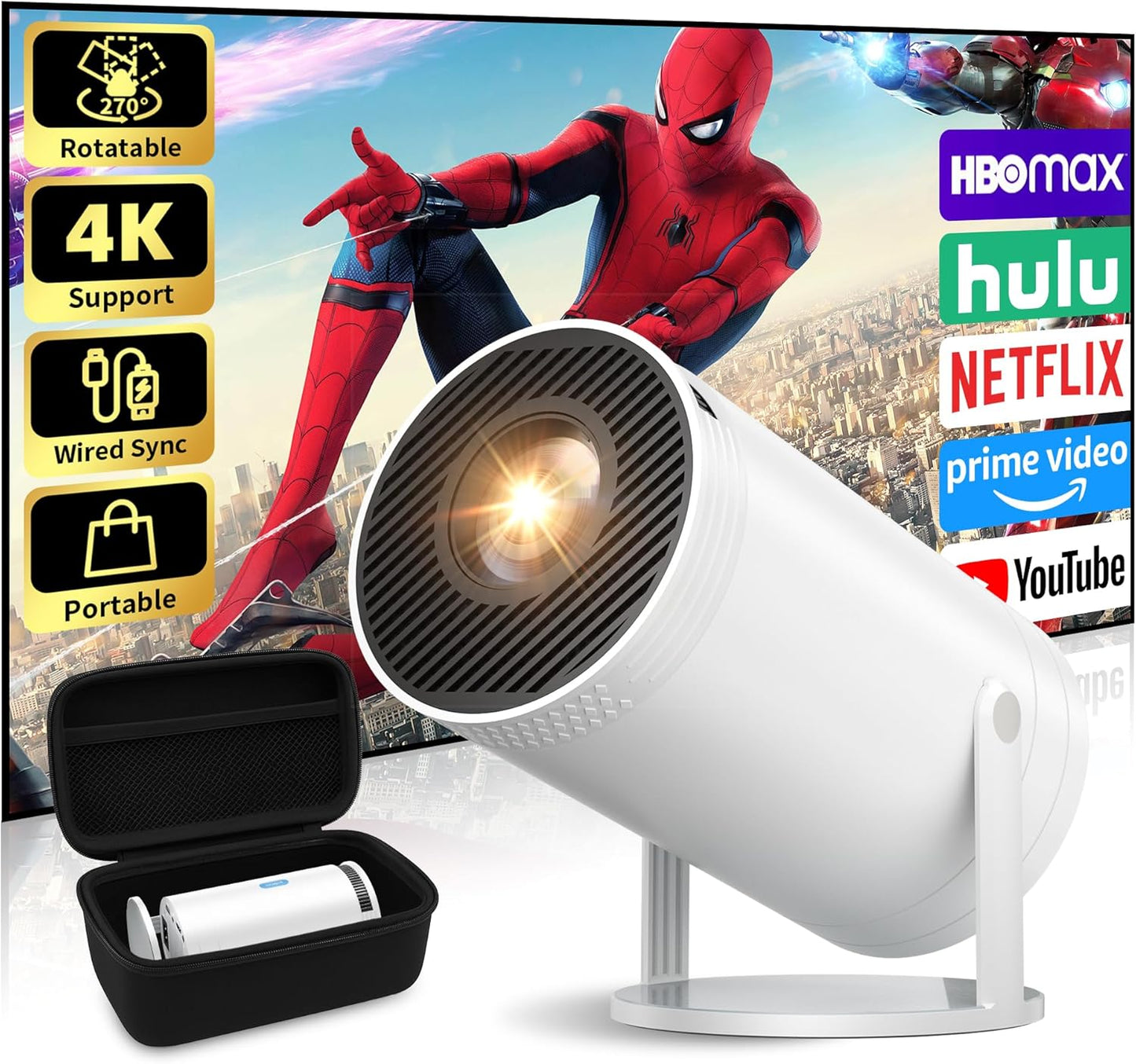 Mini Projector, Native 1080P Portable Projector with Carrying Case, 4K Support, 270°Rotatable Outdoor Movie Proyector, Home Theater Projector Compatible with Phone/TV Stick/Laptop/PS4/HDMI/USB