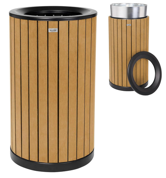 Alpine 32 Gallon Commercial Outdoor Trash Can - Heavy Duty Garbage Can Outdoor, Industrial Open Top Trash Can with Plastic Panels for Patio, Parks, Trails, Resorts (Flat Lid - Cedar)