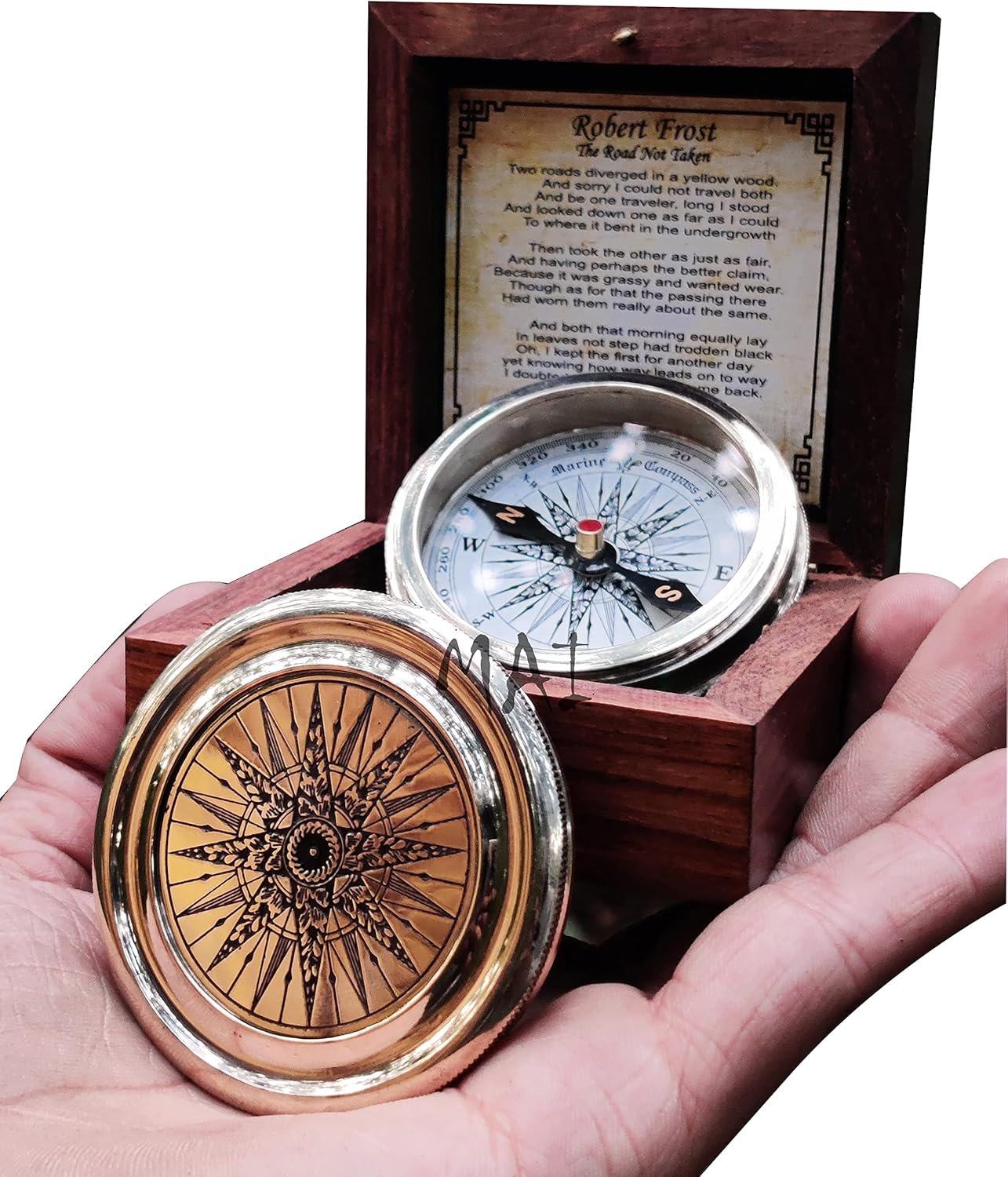 Antiqued Brass Robert Frost Poem Compass with Wooden Box, Inspirational Gifts for Woman, Aniversity Gifts for Men,Engraved Compass,Wedding for Boys, Pocket Compass for Hiking Survival