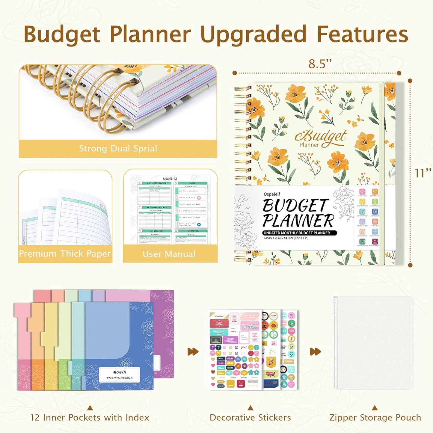 Ospelelf Budget Planner - Monthly Budget Book with Expense Tracker Notebook, Undated 12 Month Bill Organizer & Finance Planner, A4 Account Book with 12 Index Pockets, Zipper Pouch, Stickers Floral 1