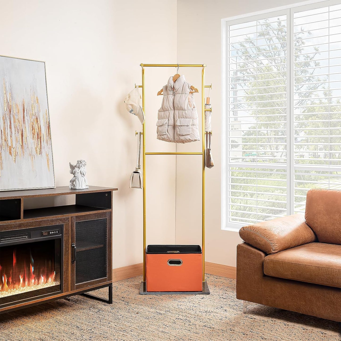 Heavy Duty Coat Rack with Storage Basket Metal Hanging Clothes Rack with Marble Base Modern Standing Clothing Rack for Entryway Bedroom Living Room Hotel 19.69 x 13.39 x 67.72 Inches (Gold)